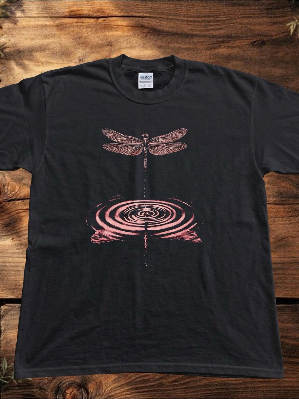 Gildan Black Short Sleeve Tee with Pink Dragonfly Ripple Graphic